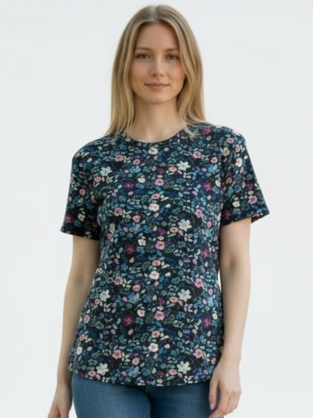 NWT Lux Tee Express Navy Floral Tee with Pink, Purple & Blue Blooms
